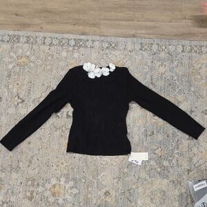 Commense Black Long Sleeve Blouse with White Floral Accent